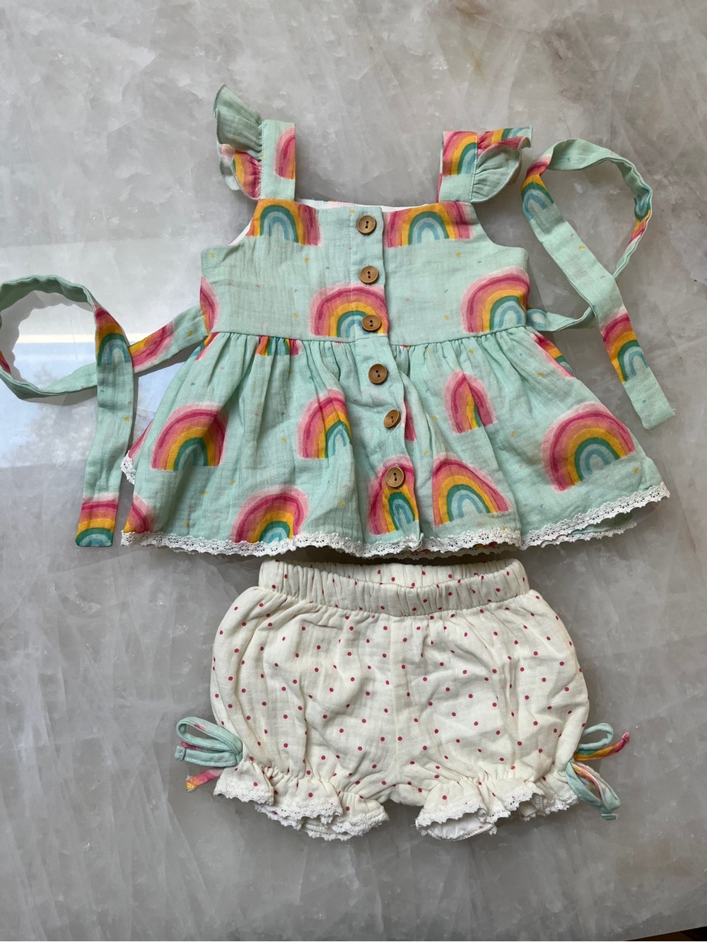 SweetHoney Mint Rainbow Ruffle Dress with Cream Dot Bloomers